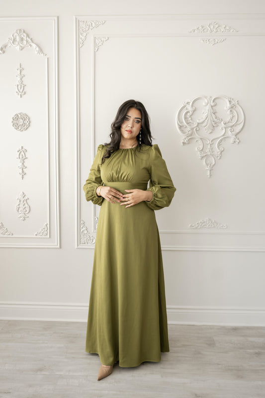 Amina Pleated Flowy Maxi Dress - Olive Bloom