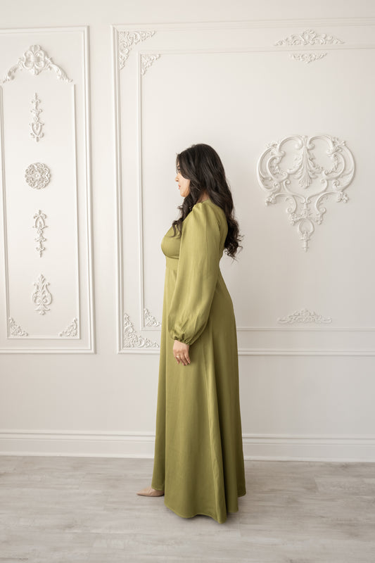 Amina Pleated Flowy Maxi Dress - Olive Bloom